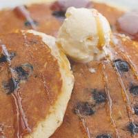 Blueberry Pancake Breakfast · 2 buttermilk pancakes loaded with juicy blueberries. Served with scrambled egg whites and 2 ...