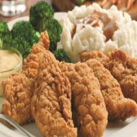 Chicken Strips Dinner · Our crispy, all white meat chicken breast strips are served with honey mustard dipping sauce...