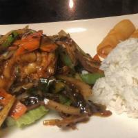 Black Bean Sauce · Served with one soup and one appetizer. 
Served with white rice.