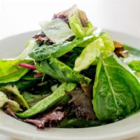 Mixed Baby Green Salad · Baby greens, red onion, shredded cabbage, and sea salt tossed in a Spanish sherry vinaigrett...