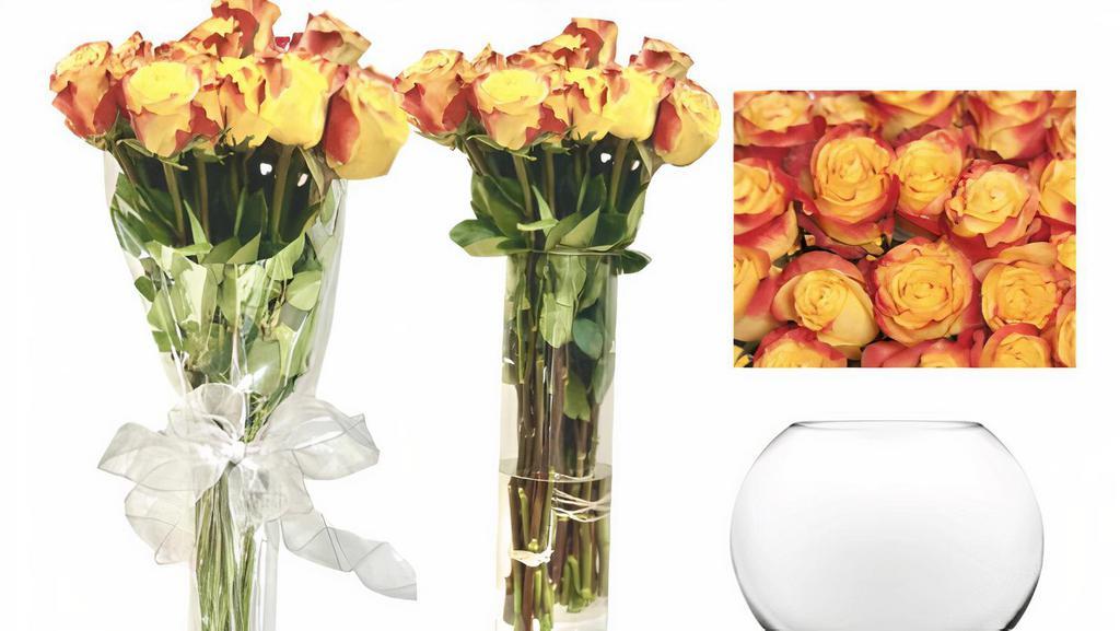   Yellow / Orange Roses Per Dz. · Beautiful Yellow/Orange Rose Bouquet per dz. with baby's breath  in our Complimentary Floral Sleeve with Ribbon
or
Selected from 
5x14 Glass Cylinder Vase
6x8 Flat Round Glass Vase,