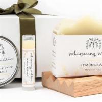 Mini Lemongrass 4Pc Spa Gift Box · Gift box includes a bar of soap, a lip balm, and a hand & cuticle salve along with a cedar s...