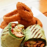 Sesame-Ginger Wrap · Grilled chicken, spinach, avocado, tomato, cucumber and sesame-ginger dressing in a spinach ...