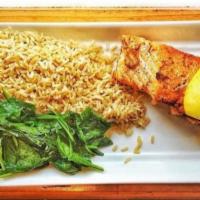 Pan-Seared Salmon · lemon vinaigrette or teriyaki glaze, choice of 2 sides.