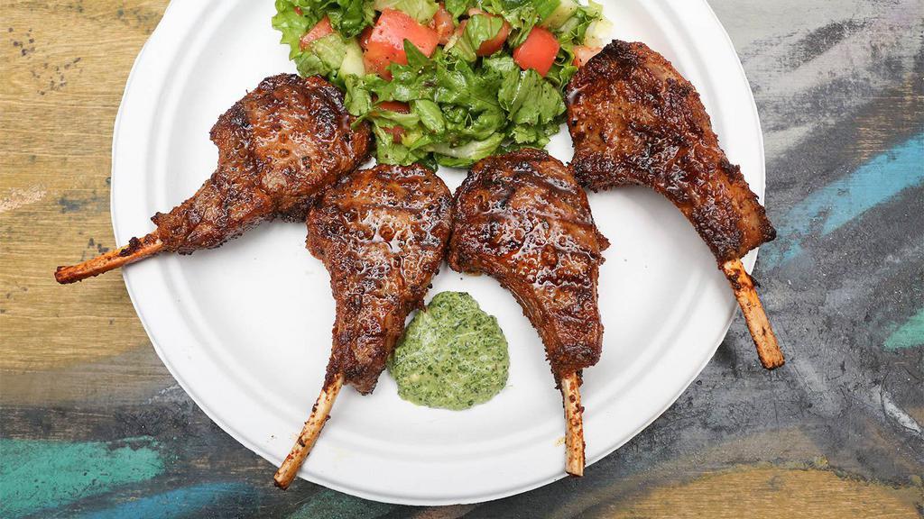 Lamb Chops Half Rack · Four pieces of grass-fed, pasture-raised lamb, marinated with house spice; usually cooked to medium rare, unless specified.
