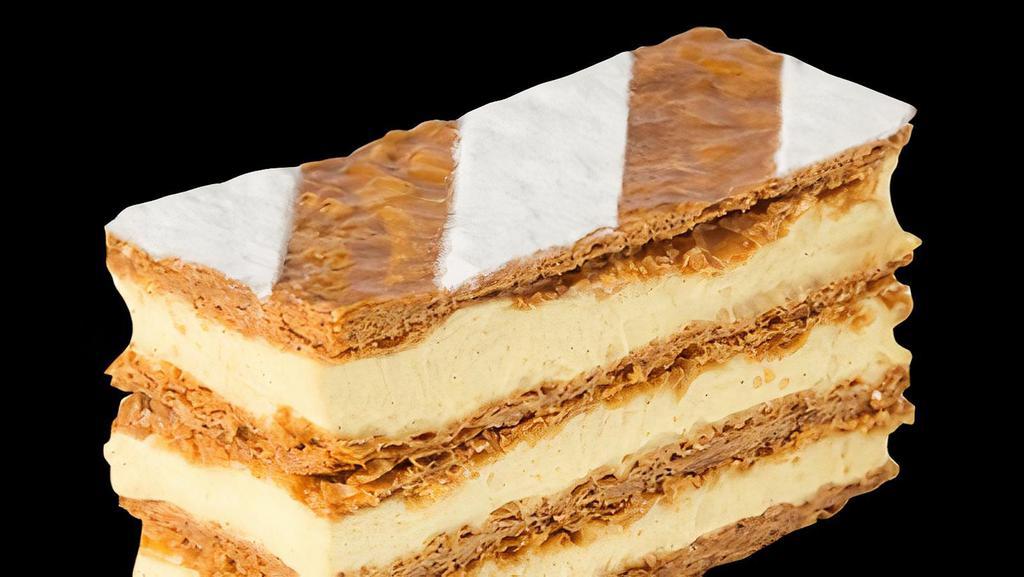 Mille-Feuilles (Thousand Leaves) · Pastry made of three successive layering of puff pastry and two layering of vanilla custard cream.