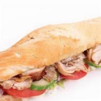Basque Sandwich
 · Fresh baguette with chicken, peppers and lettuce.