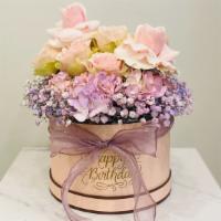 Pink Rose Hat Box  · Deluxe fresh flowers gift box, a blend of pink roses, hybrid million star and hydrangea. A p...