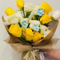 Rose Sol · Hand crafted bouquet with a blend of 2 dozen yellow and white roses combined with artificial...