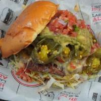 South Of The Burger · guacamole, caramelized onions, pepper jack cheese, queso, chipotle aioli, pico de gallo, jal...
