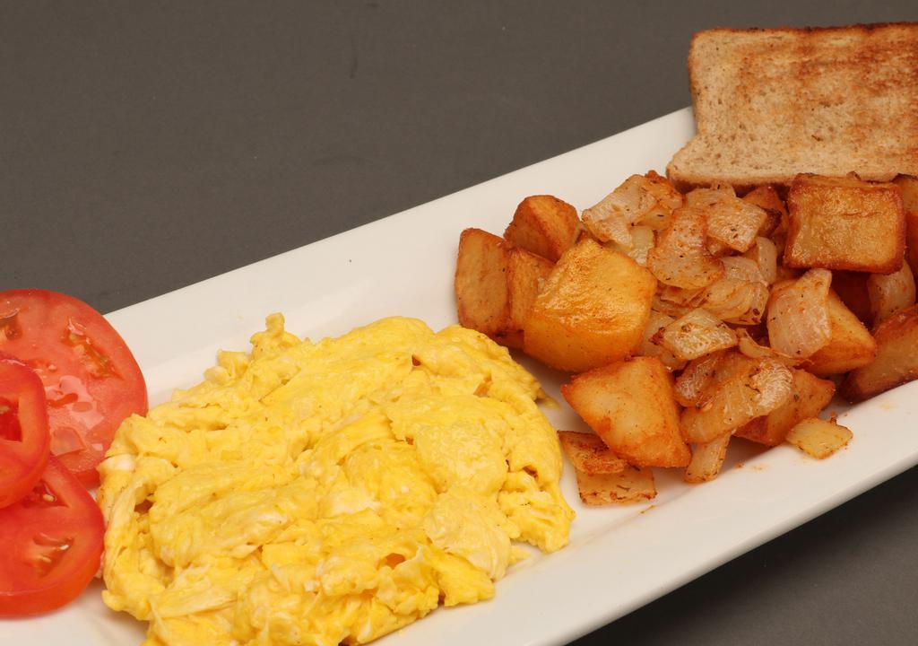Two Egg Platter · Two Egg Platter includes two eggs style of your choice, bread or bagel, butter or cream cheese, and home fries.