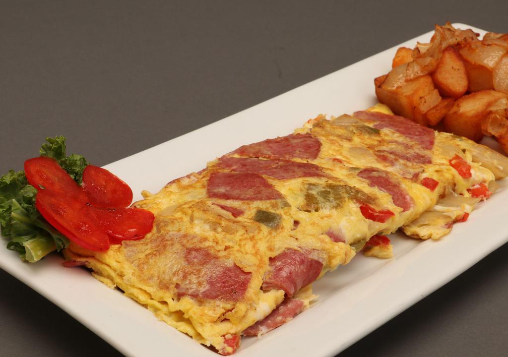 Western Omelet  · Three egg omelet with onions, peppers, and hebrew national salami. Served with side of bread, choice of butter or cream cheese, and home fries.