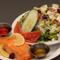 Green Greek Salad · Romaine lettuce, cucumber, tomato, red onions, kalamata olives, and feta cheese.