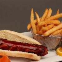Jumbo Hot Dog With Fries · Grilled to perfection jumbo hot dog served with a side of fries.