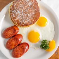 Sunrise Specials · Two pancakes, two eggs, and your choice of meat