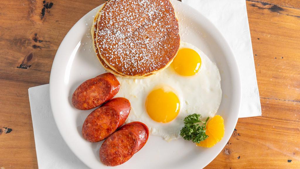 Sunrise Specials · Two pancakes, two eggs, and your choice of meat