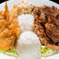Seafood Combo · Fried mahi mahi, fried shrimp, and choice of teriyaki steak, BBQ chicken, or BBQ short ribs.