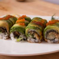 Dragon Roll · Eel and cucumber roll, avocado and tobiko on top and dress with chefs special.  8 pcs