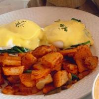 Egg Florentine · English Muffins with spinach and poached eggs.