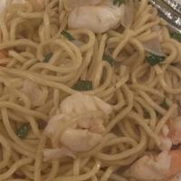 Shrimp Scampi Pasta · fresh spaghetti, garlic, white wine.