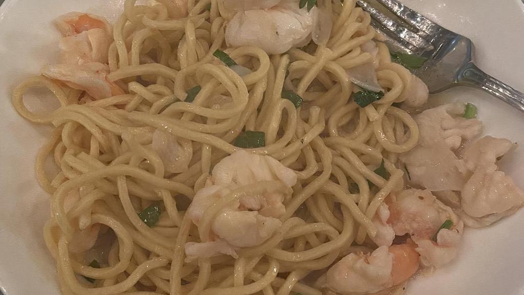 Shrimp Scampi Pasta · fresh spaghetti, garlic, white wine.