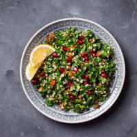 Tabbouleh Salad With Pita · Chopped parsley, scalene, cucumber, plum tomatoes, couscous, olive oil, vinegar, fresh lemon...