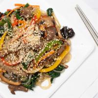 Japchae · Stir-fried glass noodle with beef and veggie.