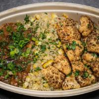 Tangy Tamarind Braised Eggplant · Served with chickpeas, blistered corn quinoa, and roasted cauliflower florets. Vegan, Gluten...