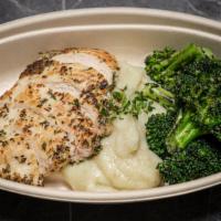 Herb Roasted Chicken · Served with mashed caulitatoes* and charred broccoli. Gluten-Free, Dairy-Free, Soy-Free
*a b...