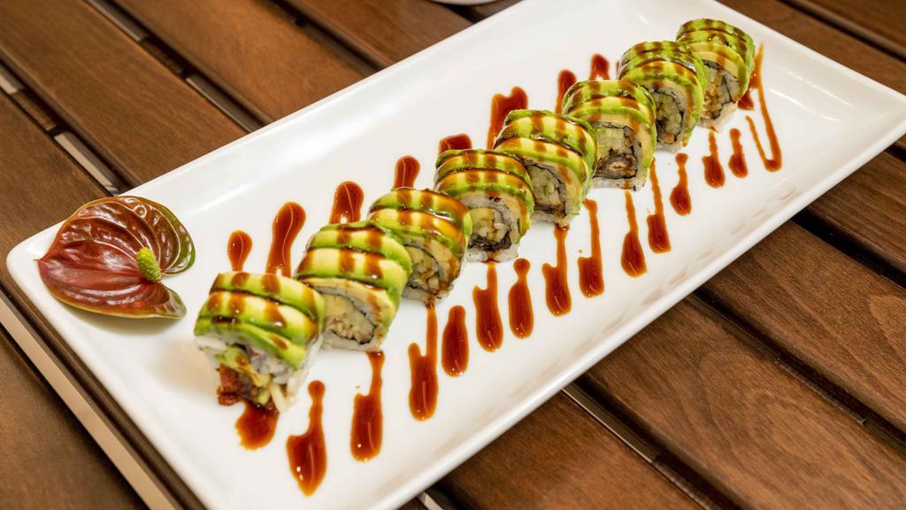 Dragon Roll · Eel cucumber wrapped with avocado and tobiko