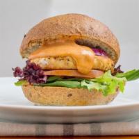 Salmon Burger · Served with lettuce, tomato, onion and vegan chipotle mayo