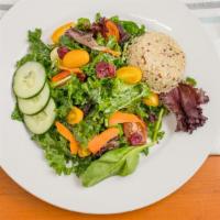 Kale & Quinoa Salad · Quinoa, carrots, red or white onions, red or green pepper, cucumber, cranberries or raisins ...