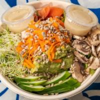 Birds Nest · With toss greens, tomatoes, mushrooms, cucumber, sprouts choice of tuna or avocado.
