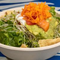 Papa Tostadas · Vegetarian. Chips, vegetarian filling, cheese, lettuce and sprouts, tomato, avocado, sauce, ...
