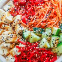Tofu Special Poke Bowl · Tofu, cucumbers, tomatoes, carrots, pickled ginger, sweet sesame sauce, topped with sesame s...
