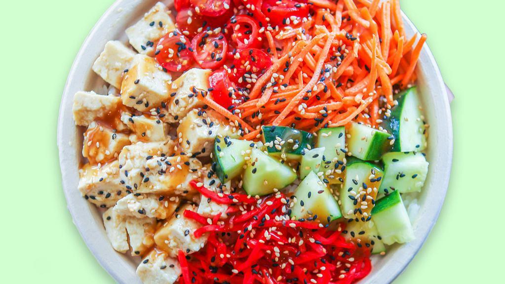 Tofu Special Poke Bowl · Tofu, cucumbers, tomatoes, carrots, pickled ginger, sweet sesame sauce, topped with sesame seeds.