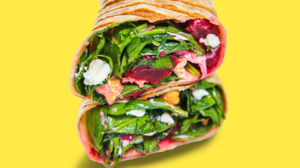 Sweet Beet Wrap · Panini Pressed Chickpeas, beets, red onion, goat cheese, spinach with Balsamic Vinaigrette. Vegetarian Friendly 🌿