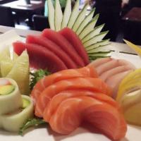 Tricolor Sashimi Dinner · 4 pieces of tuna, 4 pieces of salmon, 4 pieces of yellowtail sashimi with 1 cucumber special...