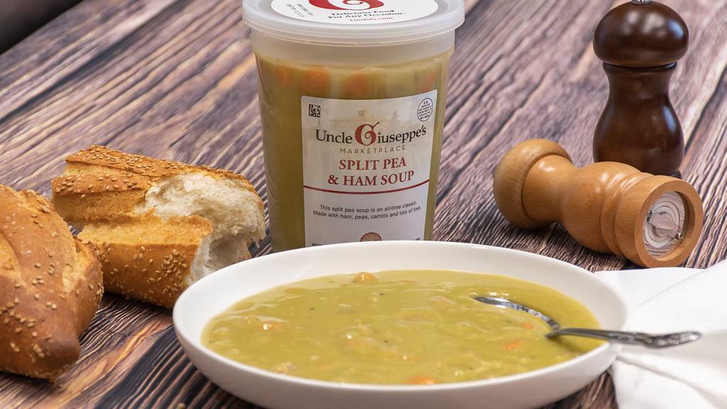 Split Pea & Ham Soup · 1 Quart. This split pea soup is an all-time classic, Made with ham, peas, carrots and lots of love. *This item is delivered cold ready to heat and enjoy.