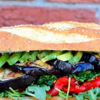 Cold Sandwich #9 · Grilled Eggplant, Roasted Peppers, Avocado, Broccoli Rabe, Arugula, Balsamic, Olive Oil