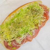 Hard Salami & Cheese · Hard salami, cheese, mayo, lettuce, tomatoes, onions, oil, vinegar, salt.