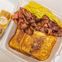 French Toast, Eggs, Cheese & Turkey Bacon · Add extra meat, extra cheese for additional charges.