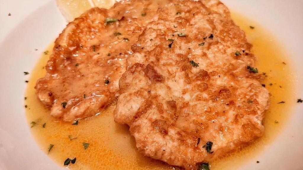 Chicken Francese · sauted chicken breast in a lemon butter , white wine sauce