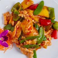 Thai Mango Chicken · Spicy. Served with pepper, snow peas, fresh mango in mango sauce. Hot and spicy.