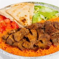 Savory Herb Beef & Gyro Platter · Tender, seared sirloin marinated in a Savory spice blend with savory beef gyro atop a bed of...