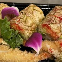 John Mom'S Roll · Spicy. Shrimp tempura, snow crab, avocado, cucumber, tobiko, spicy mayo, wrap with marble se...