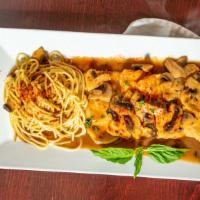Chicken Marsala · Sauteed in a Marsala wine sauce with mushrooms and prosciutto. Served with a side of pasta o...
