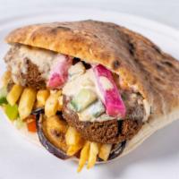 Mum Falafel Sandwich · Falafel, French fries, Eggplant, Salad, & Tahini Sauce