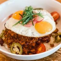 Scratch Chili Moco · blend of ground beef and pork with andouille sausage, bell peppers, onions, celery served ov...