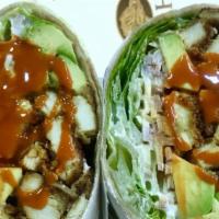 Buffalo Wrap · Chicken cutlet, Buffalo sauce, blue cheese dressing, romaine lettuce, onions, and avocado.